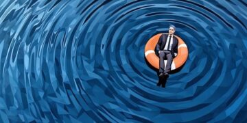 A man sitting in a ocean of water in a lifesaver doughnut, looking relaxed. Metaphor for achieving safety and security that covers you from risk - peace of mind.