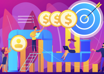 A cartoon sales pipeline representation with multiple sales team members working together to increase sales conversion