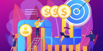 A cartoon sales pipeline representation with multiple sales team members working together to increase sales conversion