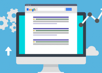 Google search results coming up on an apple desktop computer with gear and chart symbols next to it showing how SEO can increase search rankings