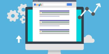 Google search results coming up on an apple desktop computer with gear and chart symbols next to it showing how SEO can increase search rankings