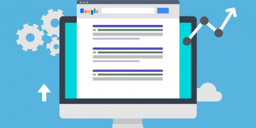 Google search results coming up on an apple desktop computer with gear and chart symbols next to it showing how SEO can increase search rankings