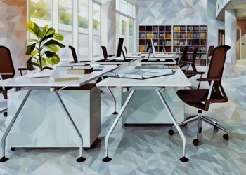 An set of empty desks and chairs symbolising employee absence