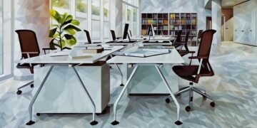 An set of empty desks and chairs symbolising employee absence