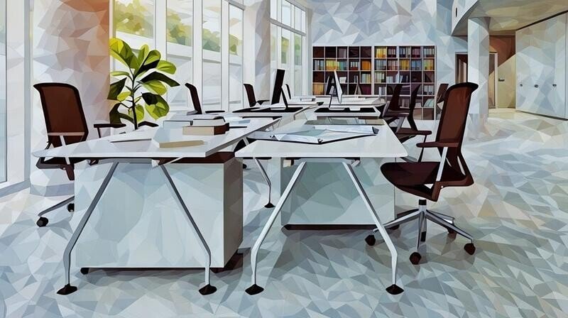 An set of empty desks and chairs symbolising employee absence