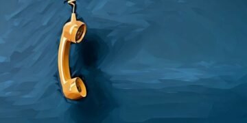 An old school phone hanging down, off the hook