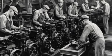 Factory workers working in 20th century production line