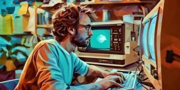 Old school computer programmer working on old insutrial computers