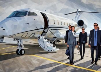 Famous entrepreneur and his team step out of their business jet that has just landed