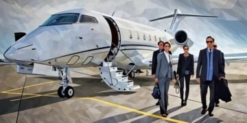 Famous entrepreneur and his team step out of their business jet that has just landed