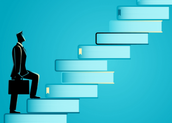 An entrepreneur starting a business by climbing the metaphorical steps of knowledge (books)