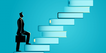 An entrepreneur starting a business by climbing the metaphorical steps of knowledge (books)