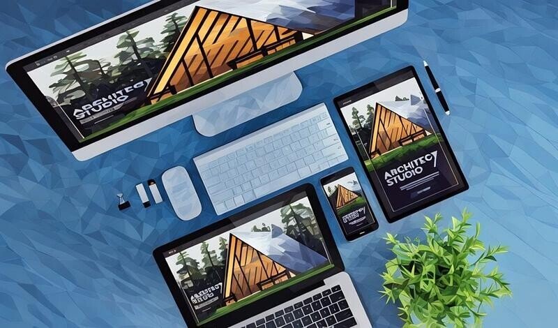 A website design shown on laptops, tablets and desktops - showing responsiveness of web design
