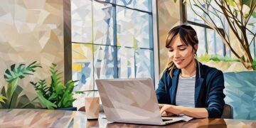 A person working on their laptop in a daylight filled living room at home