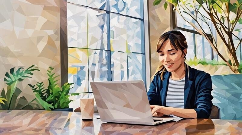 A person working on their laptop in a daylight filled living room at home