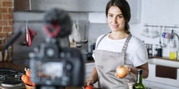 A female vlogger standing infront off a camera demonstrating how to cook (an example of influencer marketing)