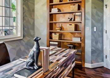 A perfectly set home office with a desk, office chair and dog statue