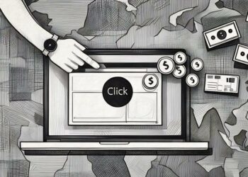 A hand about to click an affiliate offer on a website, with money coming from the hand demonstrating the basic process of affiliate marketing