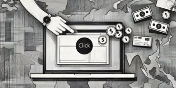 A hand about to click an affiliate offer on a website, with money coming from the hand demonstrating the basic process of affiliate marketing