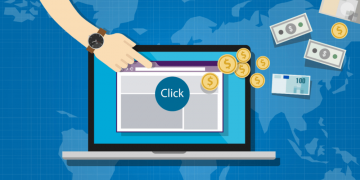 A hand about to click an affiliate offer on a website, with money coming from the hand demonstrating the basic process of affiliate marketing