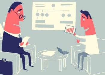 Cartoon of an angel investor with wings meeting an entrepreneur seeking investment