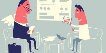 Cartoon of an angel investor with wings meeting an entrepreneur seeking investment