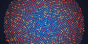A brightly coloured pattern of blue, red and yellow dots exampling the Fibonacci sequence in practice