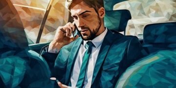Businessman sitting in a car on the phone making a travel insurance claim on the go
