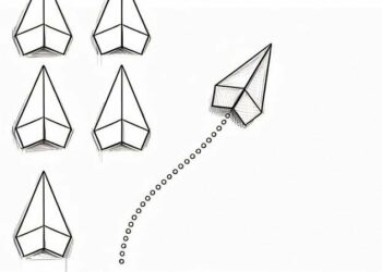 A series of white paper aeroplanes with one plane in red deviating symbolising how sometimes contray business advice is the best advice