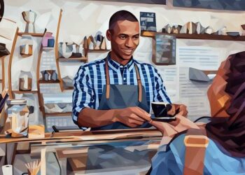 A man smiling while serving a customer at a coffee shop