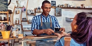 A man smiling while serving a customer at a coffee shop