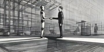 A robot and man shaking hands