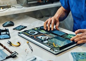 A man sitting at a white desk refurbishing a laptop computer with new components