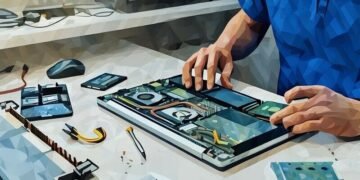 A man sitting at a white desk refurbishing a laptop computer with new components