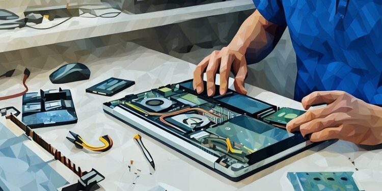 A man sitting at a white desk refurbishing a laptop computer with new components