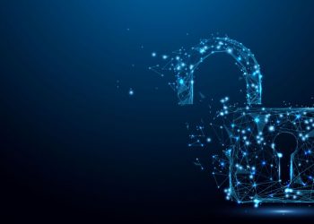 A lock symbol shown in the form of blue networked data, its unlocked symbolising poor cyber security