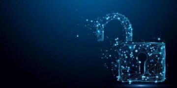 A lock symbol shown in the form of blue networked data, its unlocked symbolising poor cyber security