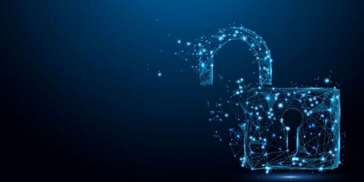 A lock symbol shown in the form of blue networked data, its unlocked symbolising poor cyber security