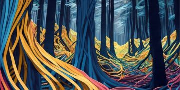 A forest, where the roots of the trees are above ground and have been replaced by computer wires, signalling connectivity