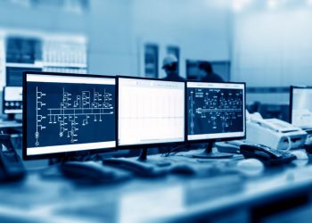 Closeup of computer systems running control software in a control room