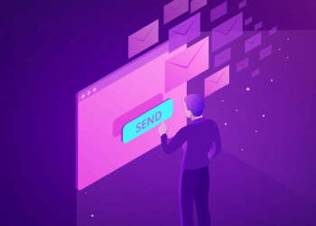 Man pressing a big send button on a new email marketing software solution