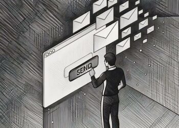 Man pressing a big send button on a new email marketing software solution