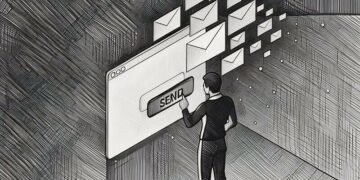 Man pressing a big send button on a new email marketing software solution