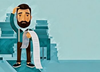 Entrepreneur holding a huge list of due bills and scratching his head as to how far he is in debt