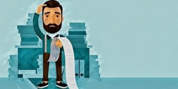 Entrepreneur holding a huge list of due bills and scratching his head as to how far he is in debt