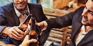 Several colleagues drinking at a bar after work, representing a negative or positive drinking culture around work