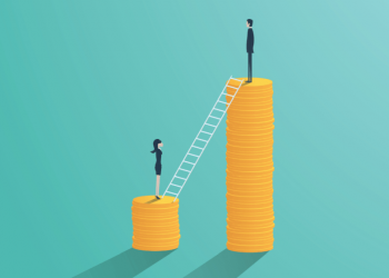 A man and a woman standing on unequal piles of money to represent the gender pay gap