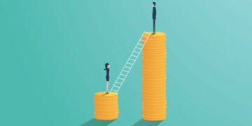 A man and a woman standing on unequal piles of money to represent the gender pay gap