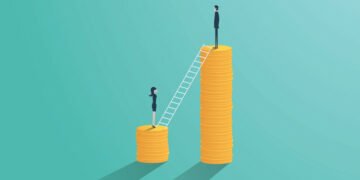 A man and a woman standing on unequal piles of money to represent the gender pay gap