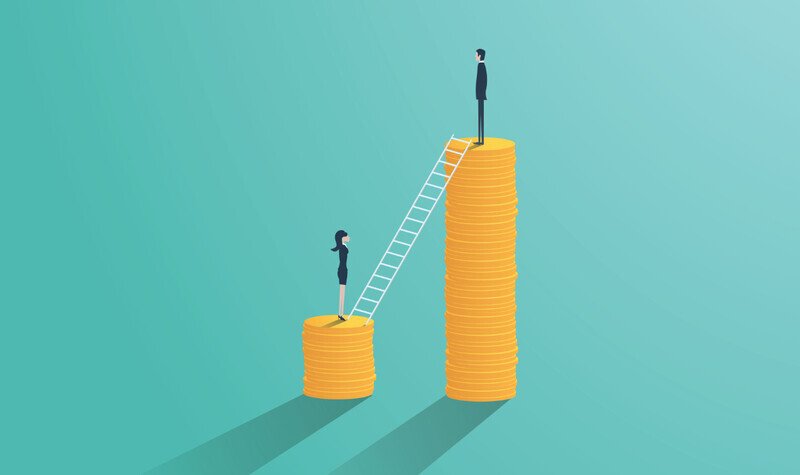 A man and a woman standing on unequal piles of money to represent the gender pay gap